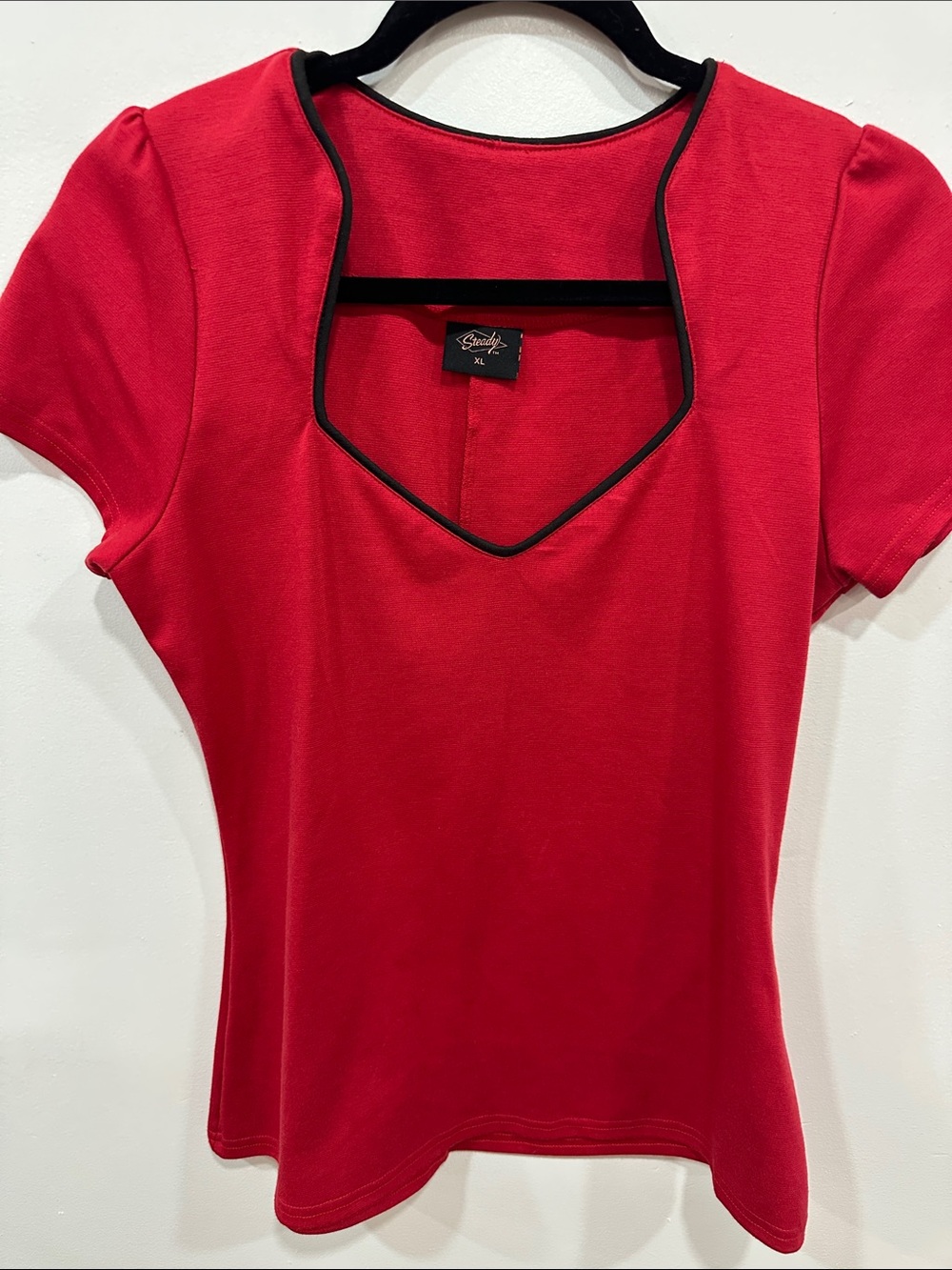 Square-Neck Short Sleeve Tee in Red with Black Trim